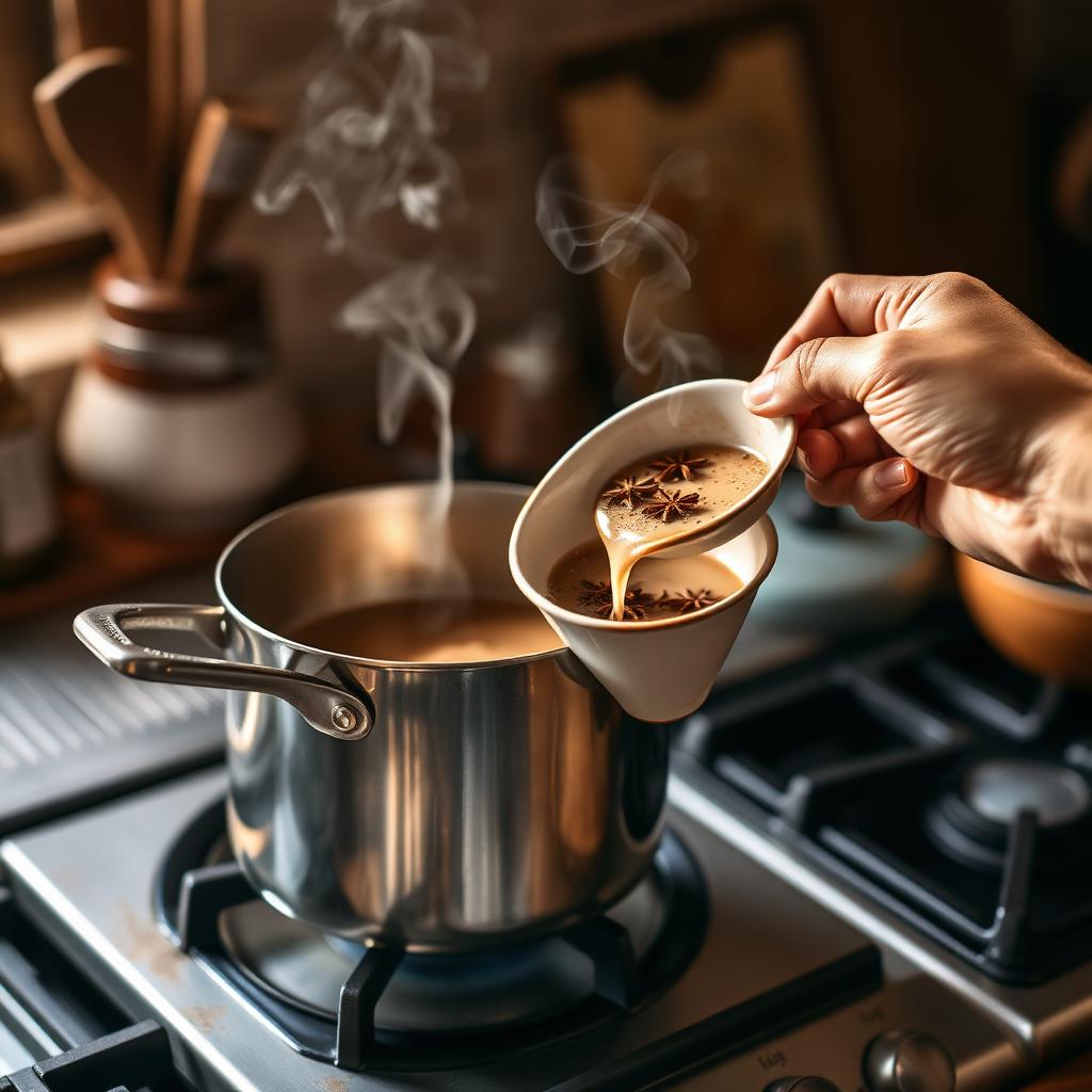 Preparación de chai en olla con leche y especias